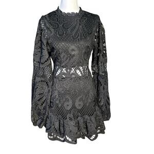 Showpo Black Lace Mock Neck Bare Midriff Puff Sleeve Ruffled Hem Mini Dress